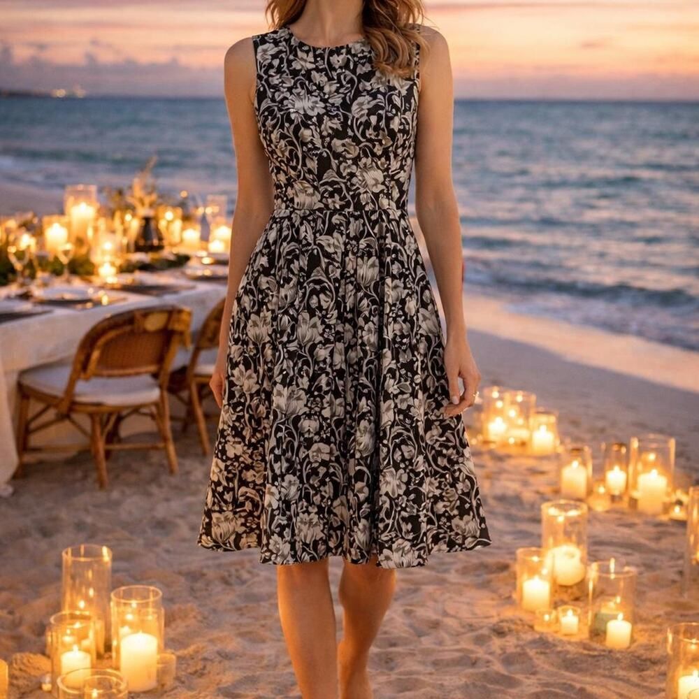 Banana Republic Brown White Floral Fit & Flare Dress Size 2 Sleeveless